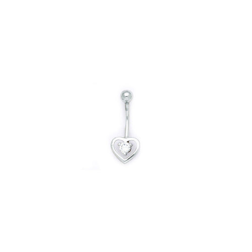 16G Solid 14k White Gold Zirconia Hollow Heart Belly Ring
