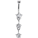 16G Solid 14k White Gold Zirconia Trio Star Belly Ring