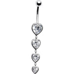 16G Solid 14k White Gold Zirconia Quadruplet Heart Belly Ring