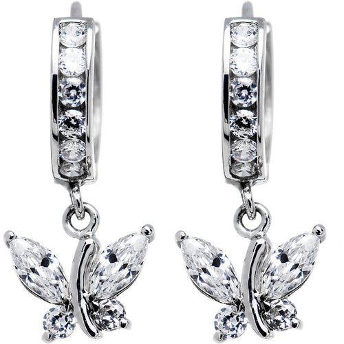14k White Gold Clear CZ Butterfly Huggy Earrings