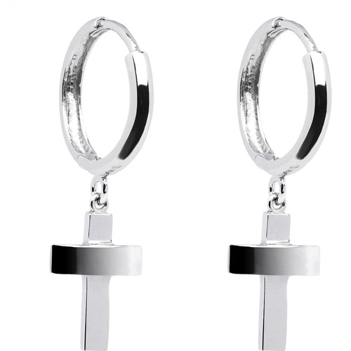 14k White Gold Cross Huggy Earrings