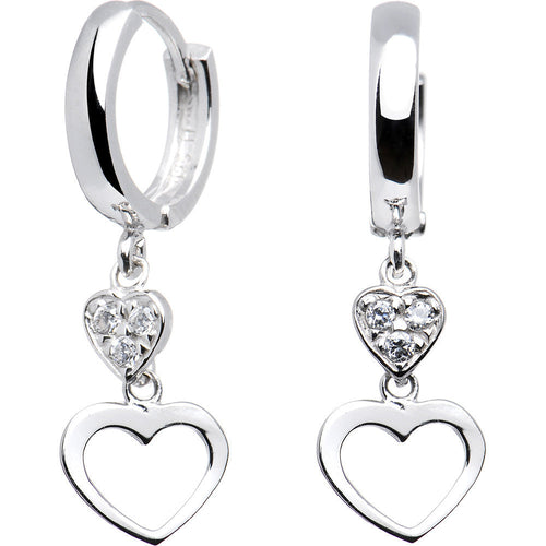 14k White Gold CZ  Dual Heart Huggy Earrings