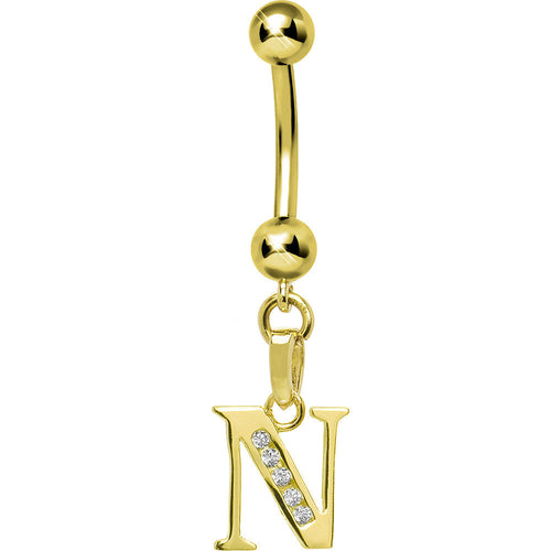 16G Solid 14k Yellow Gold CZ Initial N Belly Ring