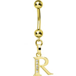 16G Solid 14k Yellow Gold CZ Initial R Belly Ring