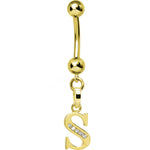 16G Solid 14k Yellow Gold CZ Initial S Belly Ring