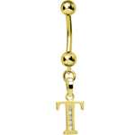 16G Solid 14k Yellow Gold CZ Initial T Belly Ring