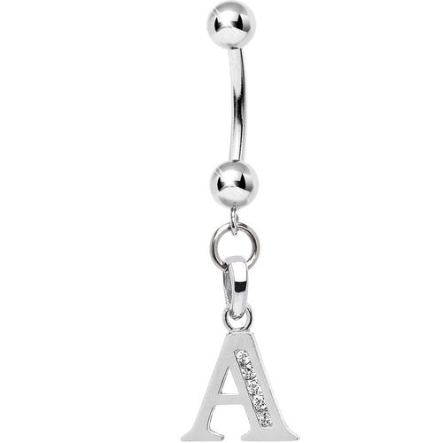 16G Solid 14k White Gold CZ Initial A Belly Ring