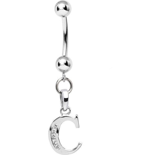 16G Solid 14k White Gold CZ Initial C Belly Ring