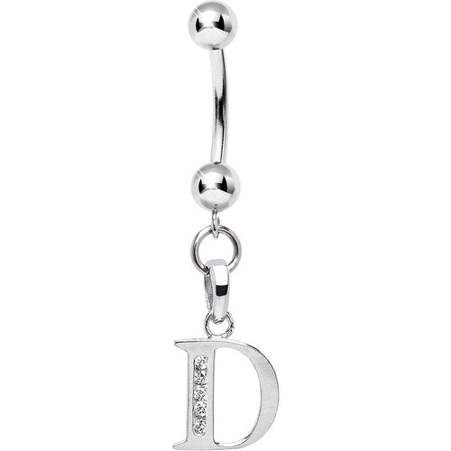 16G Solid 14k White Gold CZ Initial D Belly Ring