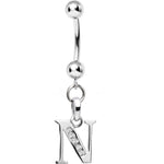 16G Solid 14k White Gold CZ Initial N Belly Ring