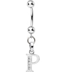 16G Solid 14k White Gold CZ Initial P Belly Ring