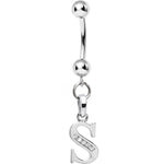 16G Solid 14k White Gold CZ Initial S Belly Ring