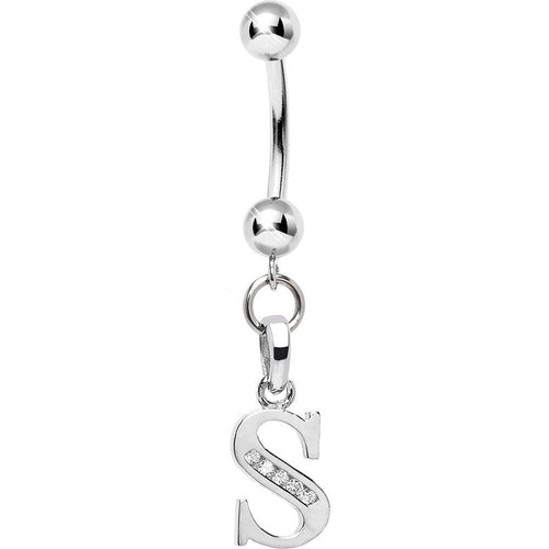 16G Solid 14k White Gold CZ Initial S Belly Ring