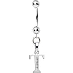 16G Solid 14k White Gold CZ Initial T Belly Ring