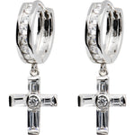 Sterling Silver Baguette CZ Cross Huggy Earrings