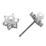 14k White Gold CZ Flower Pearl Stud Earrings