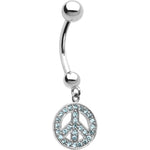 16G 14k White Gold  Aqua CZ Peace Sign Belly Ring