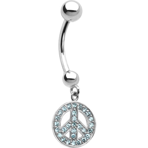 16G 14k White Gold  Aqua CZ Peace Sign Belly Ring