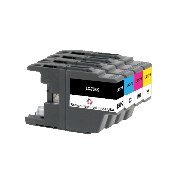 U.S. Remanufactured for Brother LC75 1 Black /  3 Color Ink Cartridges 4-pack