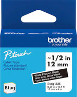 New, Pre-owned, Brother P-Touch Btag BTAG335 White on Black Label Tape ~1/2in by 13.1ft (12mm x 4m)