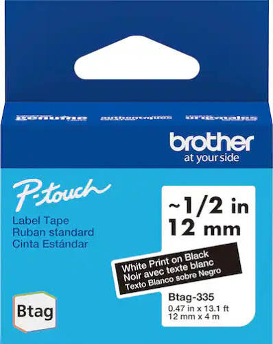 New, Pre-owned, Brother P-Touch Btag BTAG335 White on Black Label Tape ~1/2in by 13.1ft (12mm x 4m)