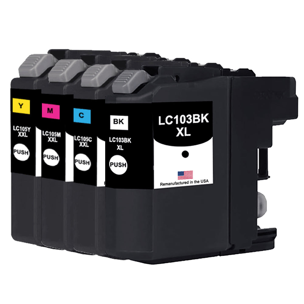 U.S. Remanufactured for Brother LC103BK XL High Yield Black / LC105 3 Colors XXL Super High Yield Ink Cartridges 4-Pack
