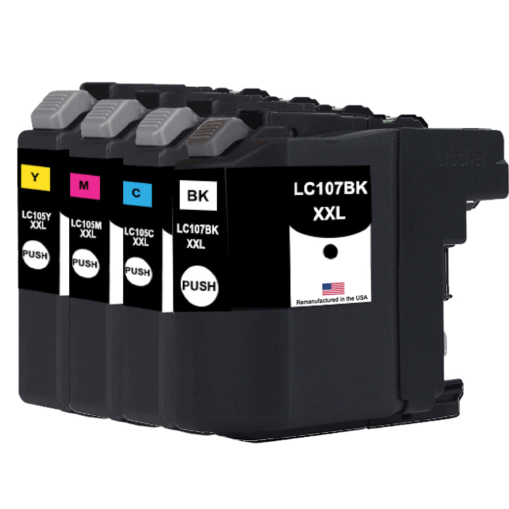U.S. Remanufactured for Brother LC107BK Black / LC105 3 Colors XXL Super High Yield 4-Pack Ink Cartridges