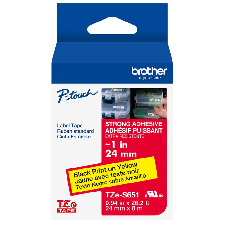 New, Pre-owned, Brother Genuine P-touch TZE-S651 Tape, 1" (0.94") Wide Extra-Strength Adhesive Laminated Tape, Black on Yellow, 0.94" x 26.2' (24mm x 8M)