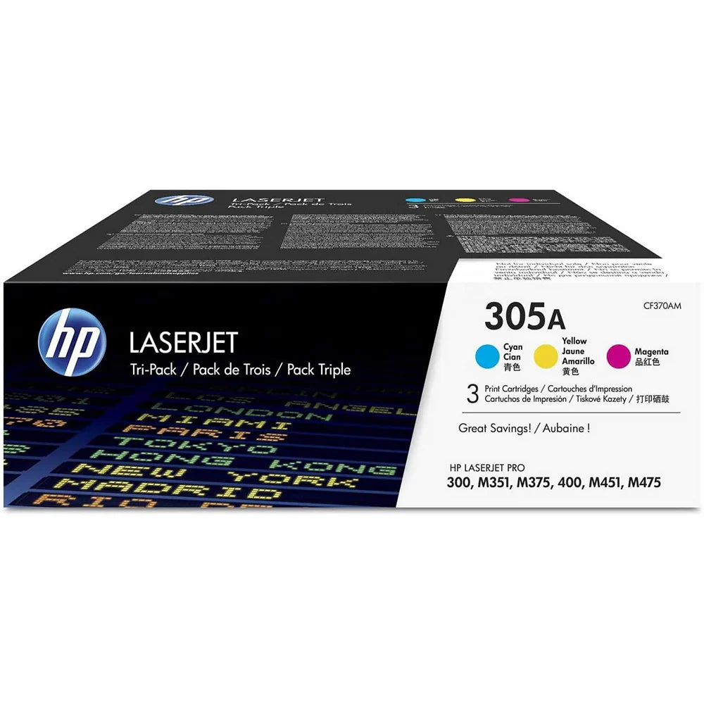 New, Pre-Owned - HP 305A Cyan, Magenta and Yellow LaserJet Toner Cartridges, CF370AM 3pk