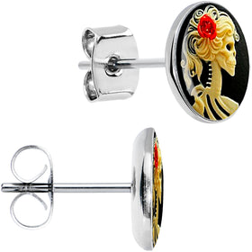 Red Rose Flower Skeleton Cameo Stud Earrings