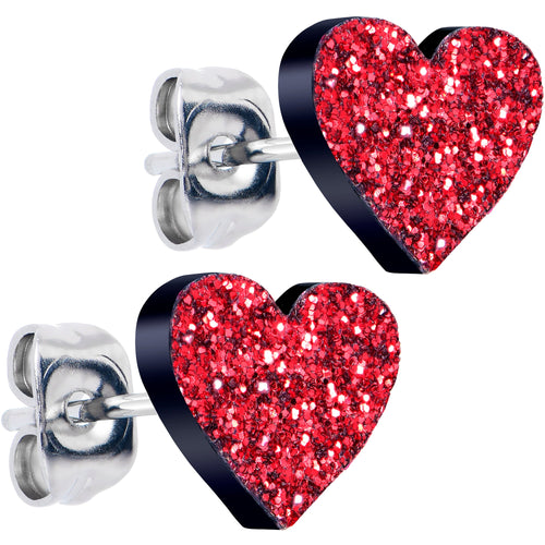 Ruby Red Glitter Heart Stud Earrings