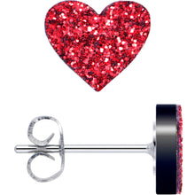 Ruby Red Glitter Heart Stud Earrings