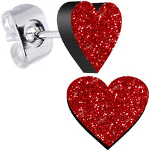 Ruby Red Glitter Heart Stud Earrings