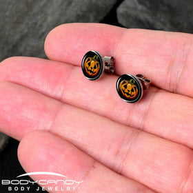 Orange Pumpkin Cat Jack-O-Lantern Stud Earrings by Onyx O