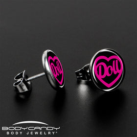 Hollow Heart Doll Word Stud Earrings by Onyx O