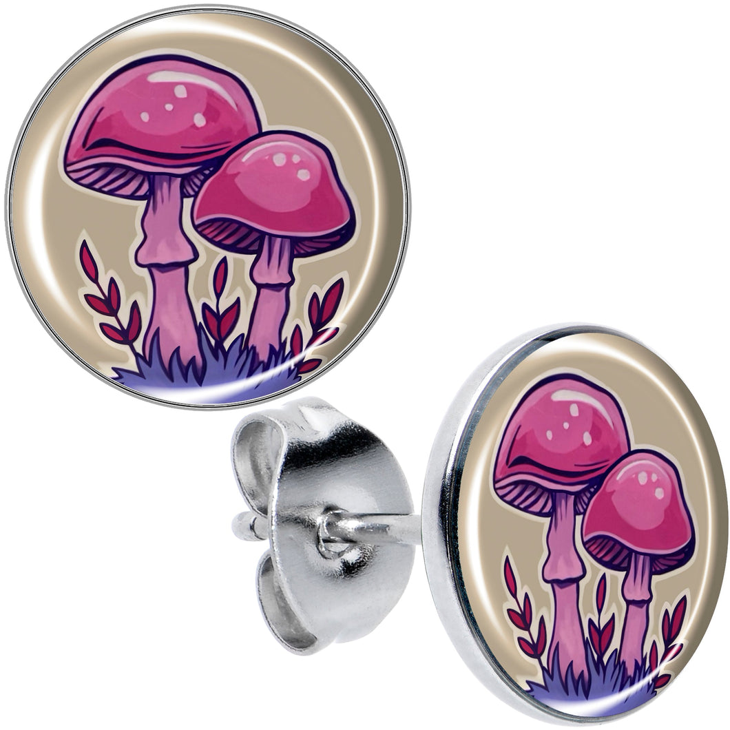 Artist Drawn Pink Mushrooms Stud Earrings by Onyx O