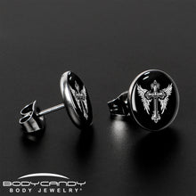 Black White Winged Cross Stud Earrings by Onyx O