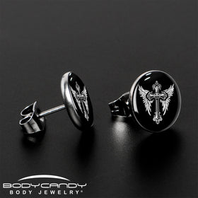 Black White Winged Cross Stud Earrings by Onyx O