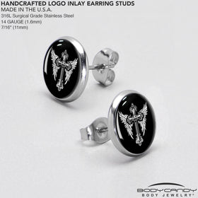 Black White Winged Cross Stud Earrings by Onyx O