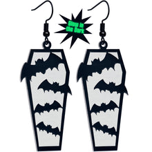 Black Bat Coffin Glow in the Dark Dangle Earrings by Onyx O