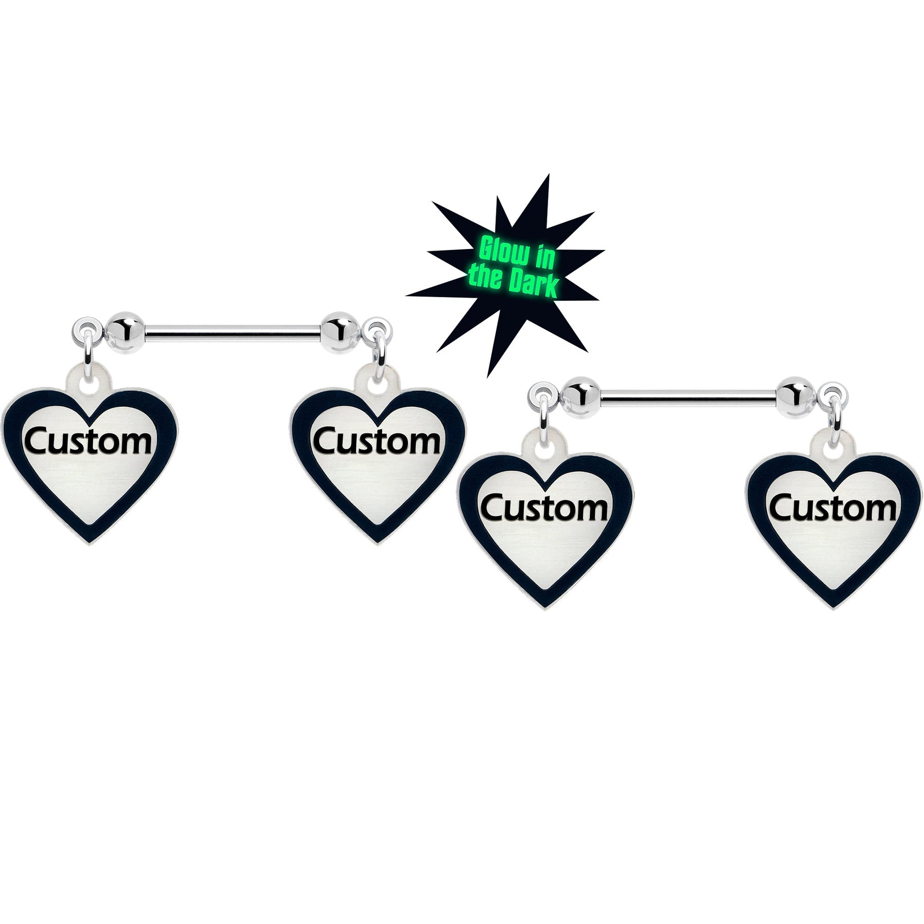 Custom Heart Glow in the Dark Double Personalized Name Dangle Nipple Ring Set