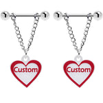 Custom Red White Heart Chain Personalized Name Dangle Nipple Ring Set