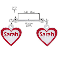 Custom Red White Heart Double Personalized Name Dangle Nipple Ring Set