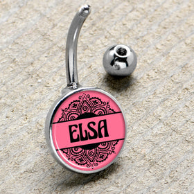 Custom Pink Mandala Personalized Name Belly Ring