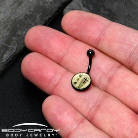 Black Titanium Coffin and Flower Glow in the Dark Belly Ring