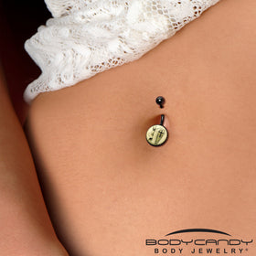 Black Titanium Coffin and Flower Glow in the Dark Belly Ring