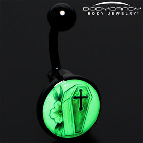 Black Titanium Coffin and Flower Glow in the Dark Belly Ring