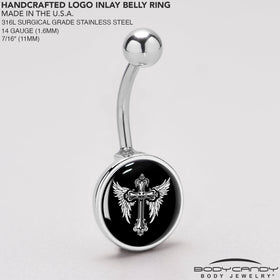 Black White Winged Cross Belly Ring by Onyx O