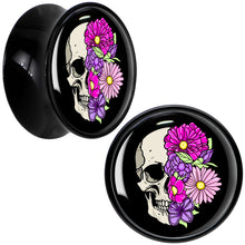 Floral Flowers Skull Black Acrylic Saddle Plug Set 8mm to 20mm by Onyx O