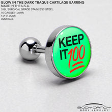 16G 1/4 Glow in the Dark Keep it 100 Tragus Cartilage Earring by Onyx O